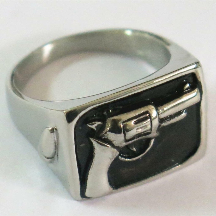 HAND PISTOL GUN STAINLESS STEEL RING size 7 silver metal S-507 2nd amendment Image 1