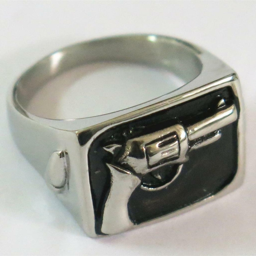 HAND PISTOL GUN STAINLESS STEEL RING size 11 silver metal S-507 2nd amendment Image 1