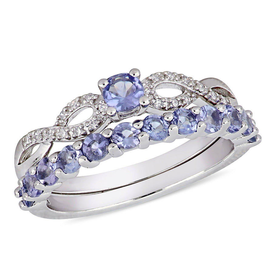 1.00 Carat (ctw) Tanzanite Engagement Ring and Wedding Band Set in Sterling Silver Image 1