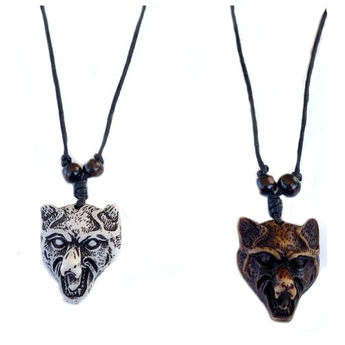 SET OF TWO RESIN CARVED WOLF HEAD NECKLACE ON ADJUSTABLE WAX CORD JL729 Image 1