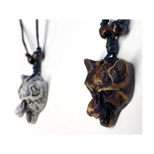 SET OF TWO RESIN CARVED WOLF HEAD NECKLACE ON ADJUSTABLE WAX CORD JL729 Image 2