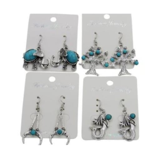 4 PAIR SET OF TURQUOISE and SILVER COLOR DANGLE EARRINGS tree mermaid elephant horn JL732 Image 1