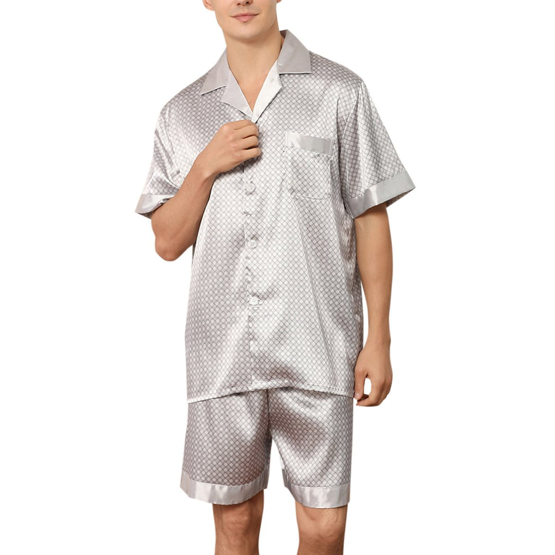 2 Pcs Men Pajama Set Short Sleeve Summer Plaid Turn Down Collar Sleepwear Homewear Image 4