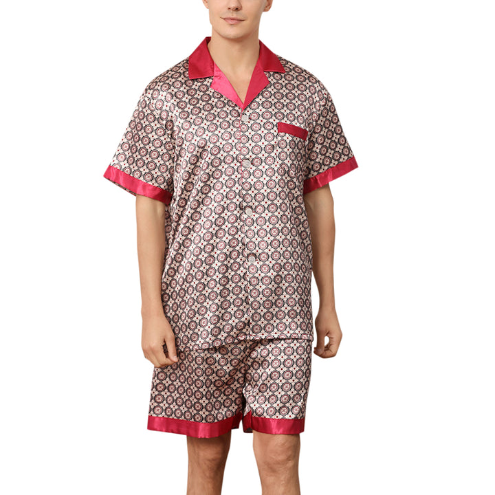 2 Pcs Men Pajama Set Short Sleeve Summer Plaid Turn Down Collar Sleepwear Homewear Image 1