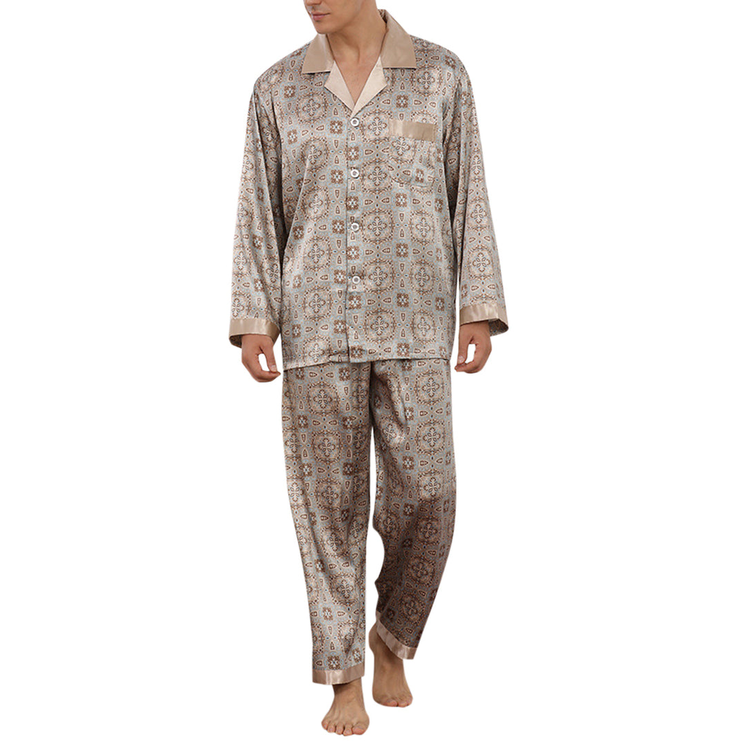 Men Pajamas Set Casual Loose Sleepwear Home Print Lapel Long Sleeve Button Up Tops and Pants Image 1