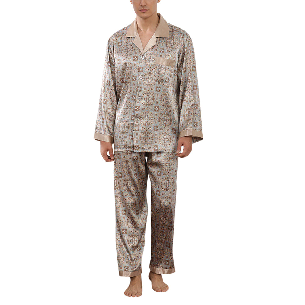 Men Pajamas Set Casual Loose Sleepwear Home Print Lapel Long Sleeve Button Up Tops and Pants Image 2