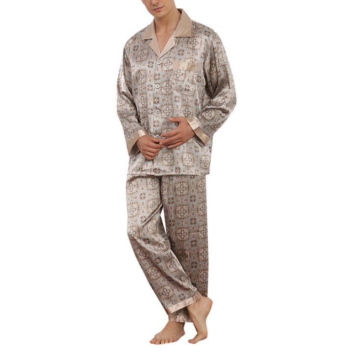Men Pajamas Set Casual Loose Sleepwear Home Print Lapel Long Sleeve Button Up Tops and Pants Image 3