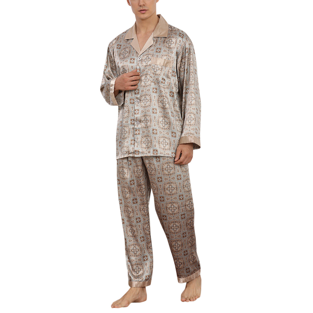 Men Pajamas Set Casual Loose Sleepwear Home Print Lapel Long Sleeve Button Up Tops and Pants Image 4