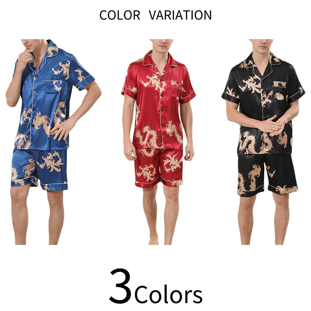 Men Pajama Set Casual Summer Sleepwear Print Short Sleeve Button Up Shirt and Shorts Image 1
