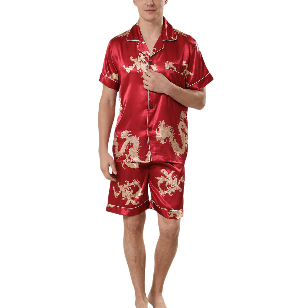 Men Pajama Set Casual Summer Sleepwear Print Short Sleeve Button Up Shirt and Shorts Image 2