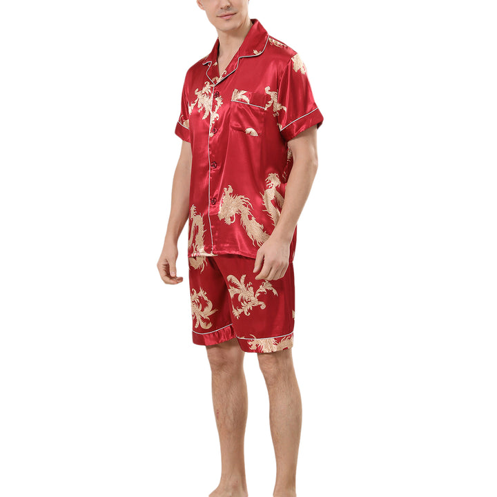 Men Pajama Set Casual Summer Sleepwear Print Short Sleeve Button Up Shirt and Shorts Image 4