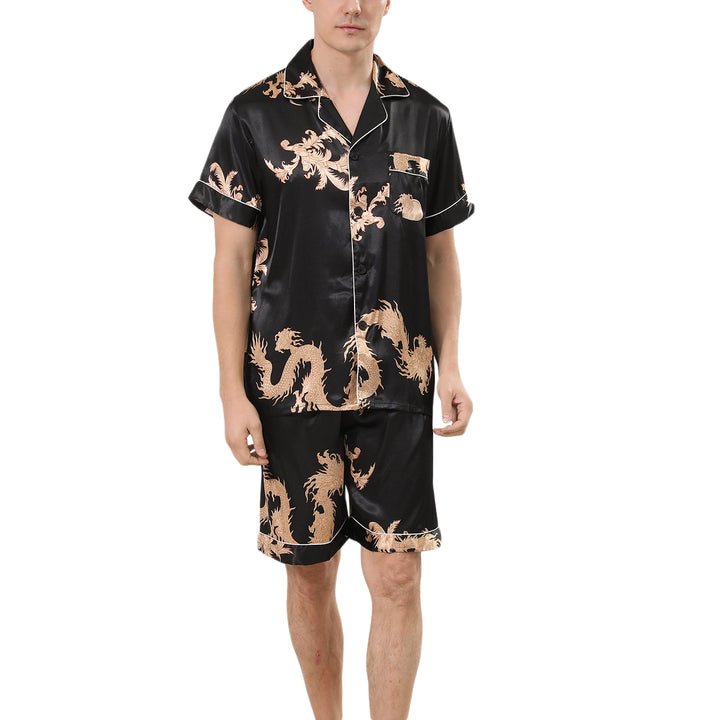 Men Pajama Set Casual Summer Sleepwear Print Short Sleeve Button Up Shirt and Shorts Image 1