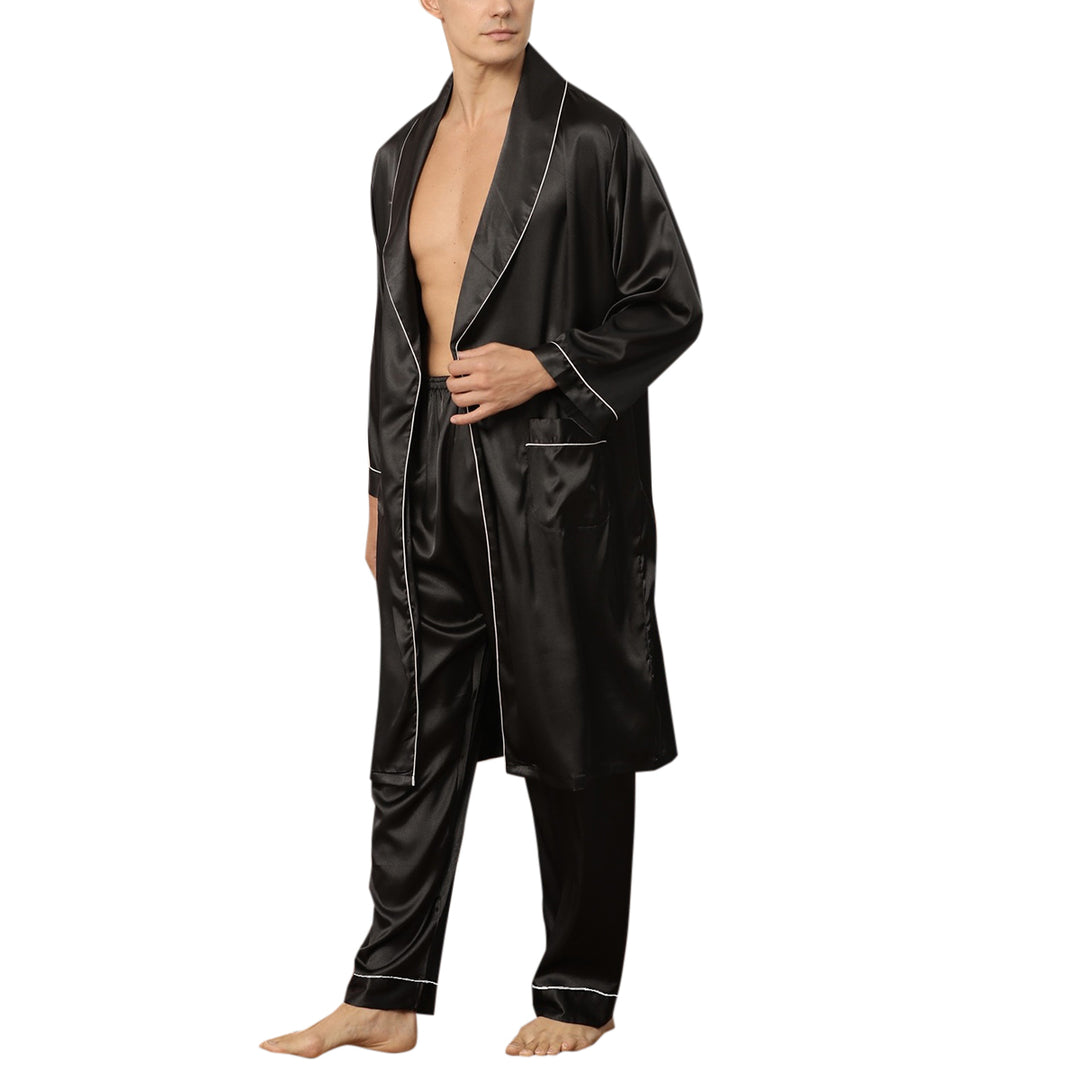 Men Pajamas Set Spring Casual Sleepwear Solid Color Long Sleeve Robe and Pants Image 1