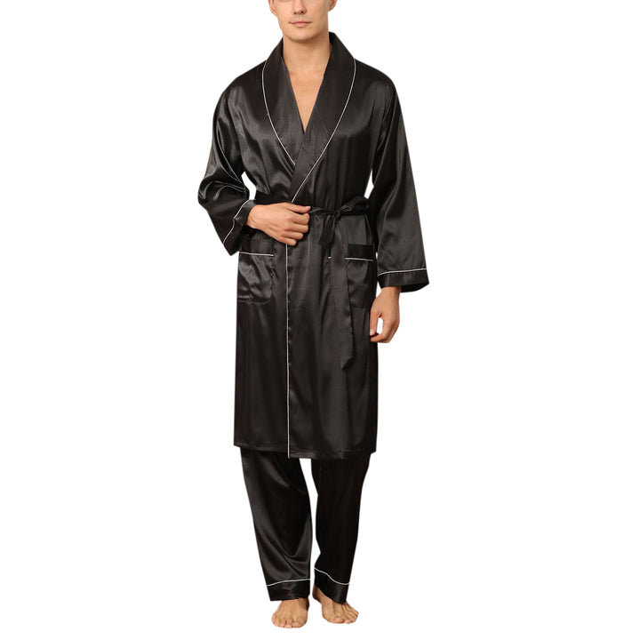 Men Pajamas Set Spring Casual Sleepwear Solid Color Long Sleeve Robe and Pants Image 2