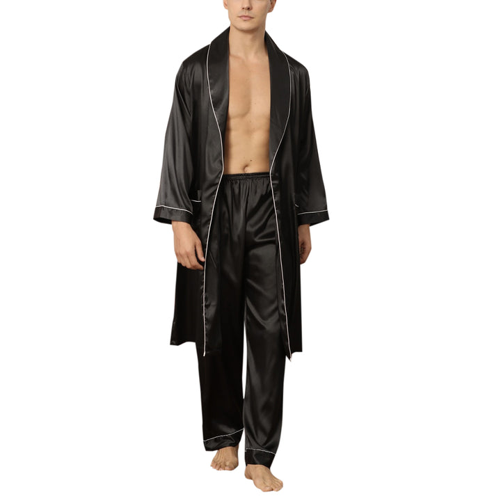 Men Pajamas Set Spring Casual Sleepwear Solid Color Long Sleeve Robe and Pants Image 3