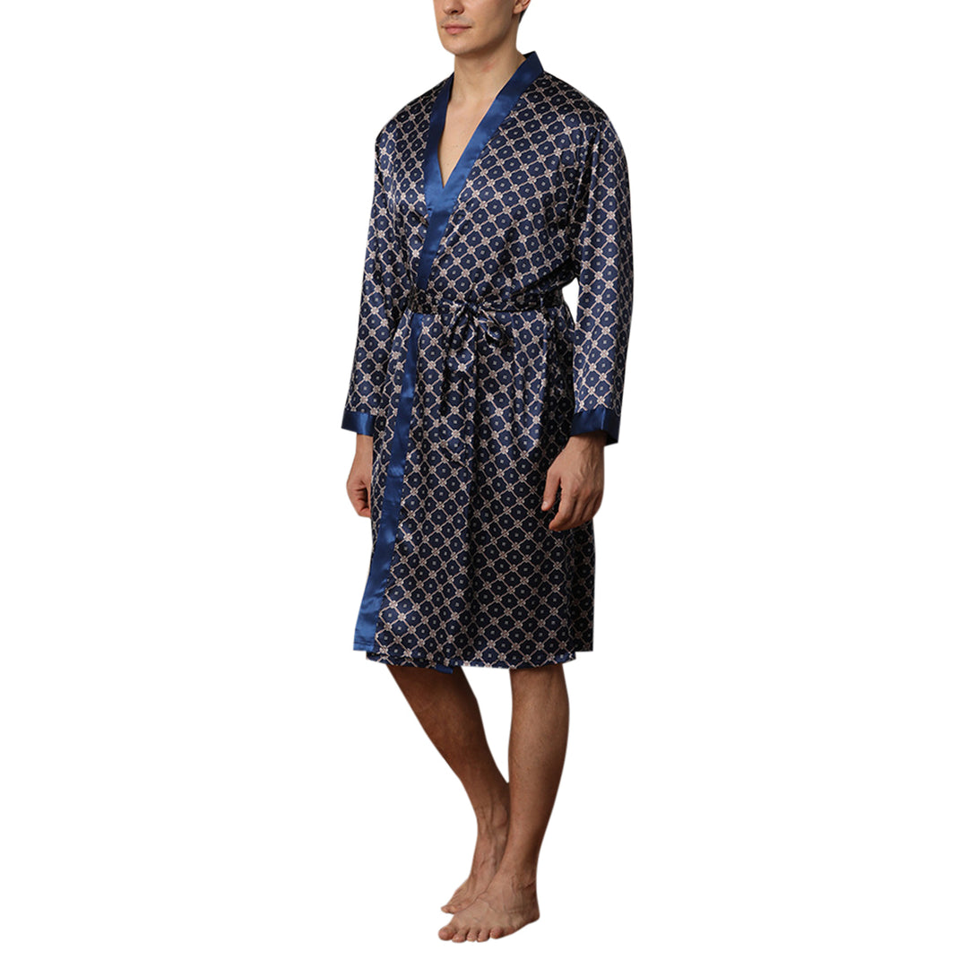 Men Pajama Set Solid Color & Print Sleepwear Long Sleeve Homewear Robes & Shorts Image 3