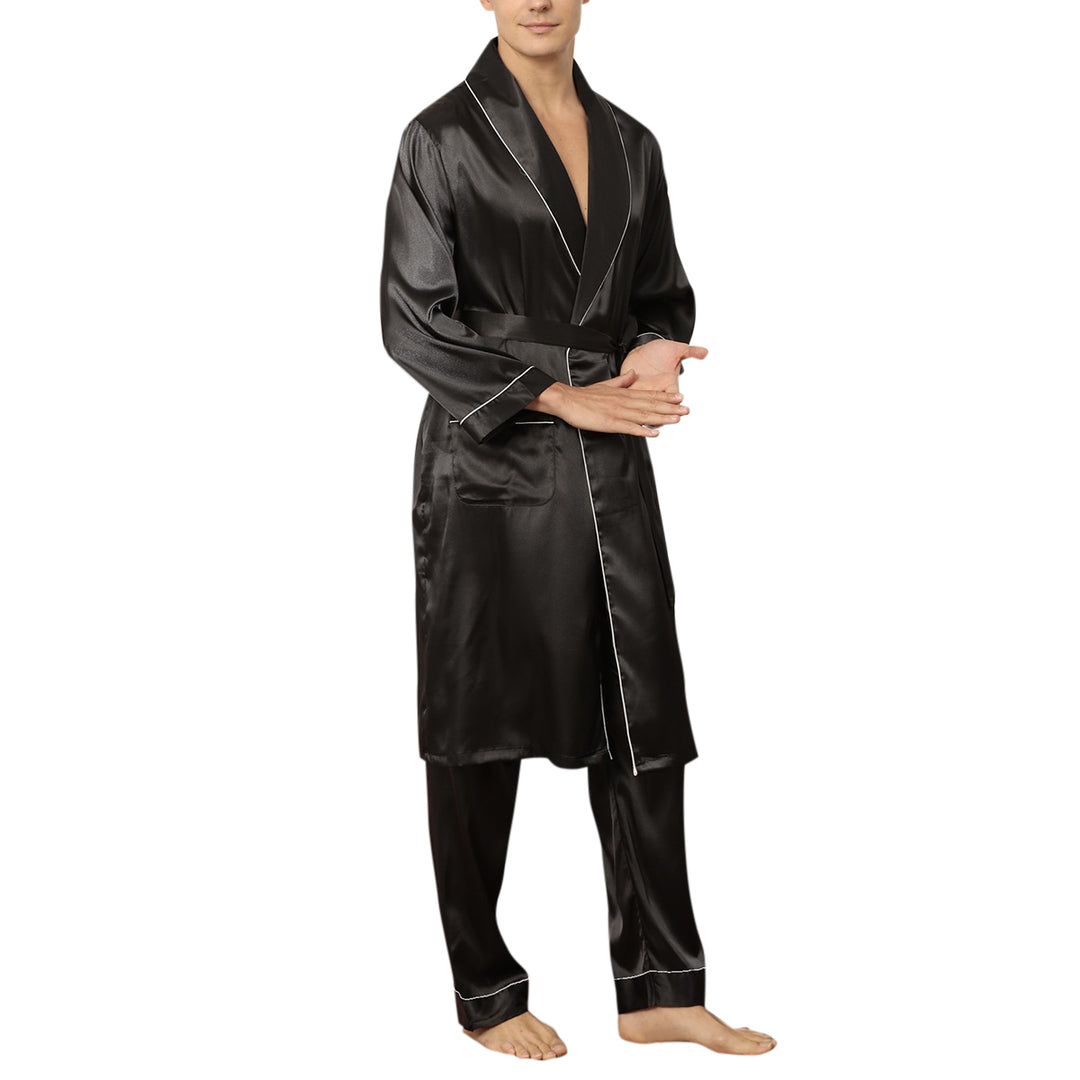 Men Pajamas Set Spring Casual Sleepwear Solid Color Long Sleeve Robe and Pants Image 4