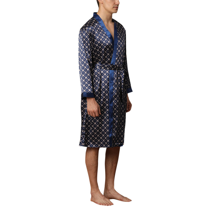 Men Pajama Set Solid Color & Print Sleepwear Long Sleeve Homewear Robes & Shorts Image 4