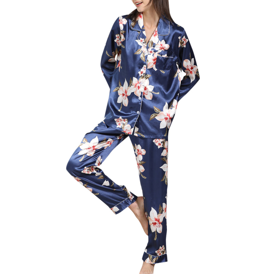 Women Pajama Set Casual Print Sleepwear Loose Long Sleeve Turn Down Collar Button Up Shirt and Pants Image 1