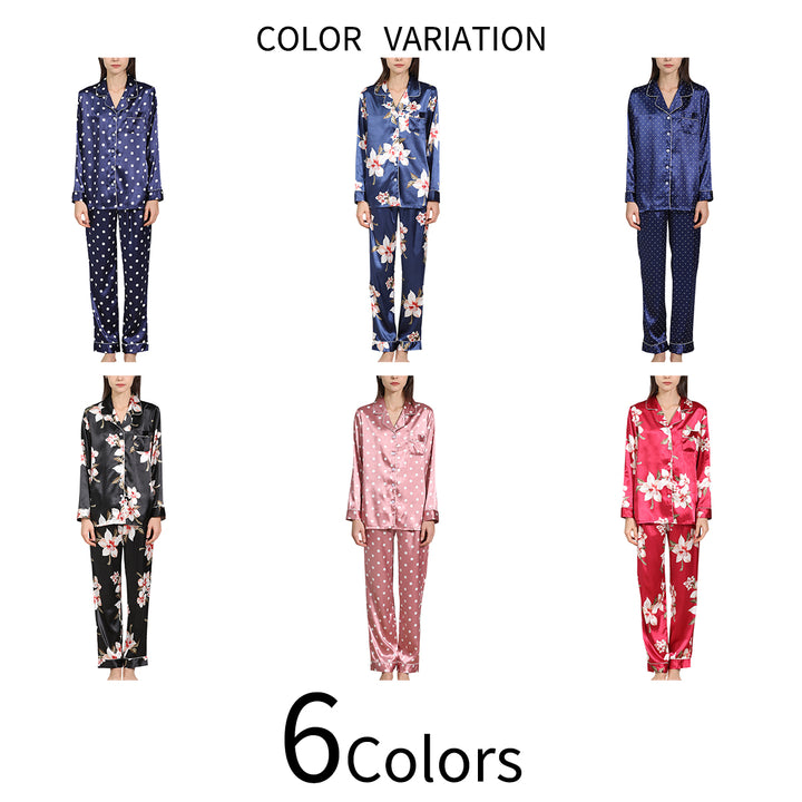 Women Pajama Set Casual Print Sleepwear Loose Long Sleeve Turn Down Collar Button Up Shirt and Pants Image 3