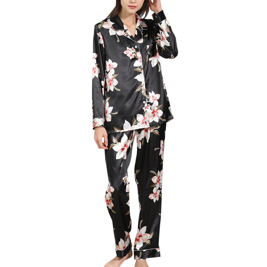 Women Pajama Set Casual Print Sleepwear Loose Long Sleeve Turn Down Collar Button Up Shirt and Pants Image 4
