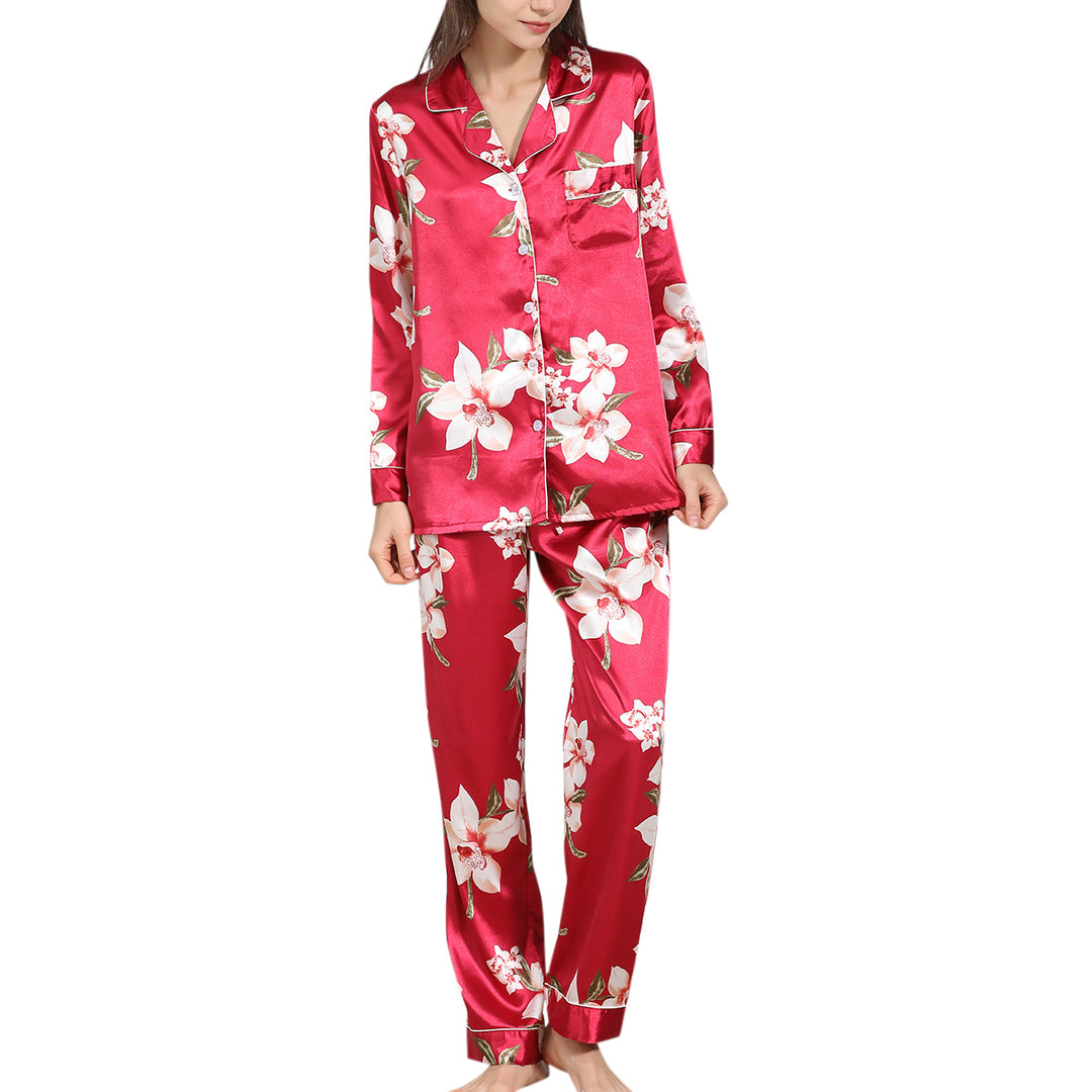 Women Pajama Set Casual Print Sleepwear Loose Long Sleeve Turn Down Collar Button Up Shirt and Pants Image 1