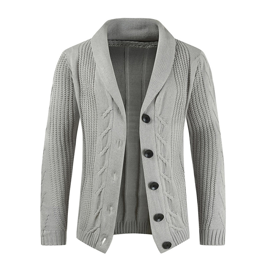 Men Sweater Shawl Collar Button Up Solid Color Single-Breasted Cardigan Slim Fit Casual Cable Knitwear Winter Image 1