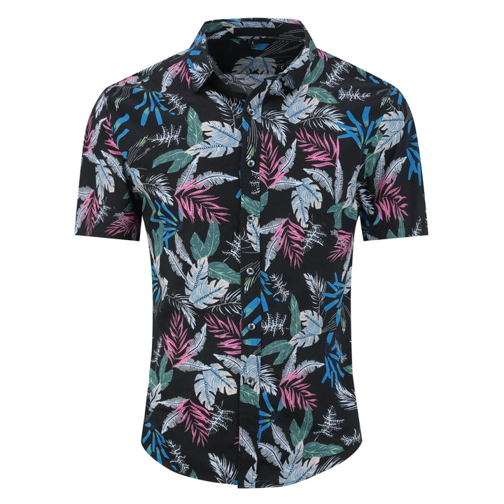 Men Shirt Short Sleeve Hawaiian Shirts Colorful Print Beachwear Casual Black Leaf Shirt Image 1