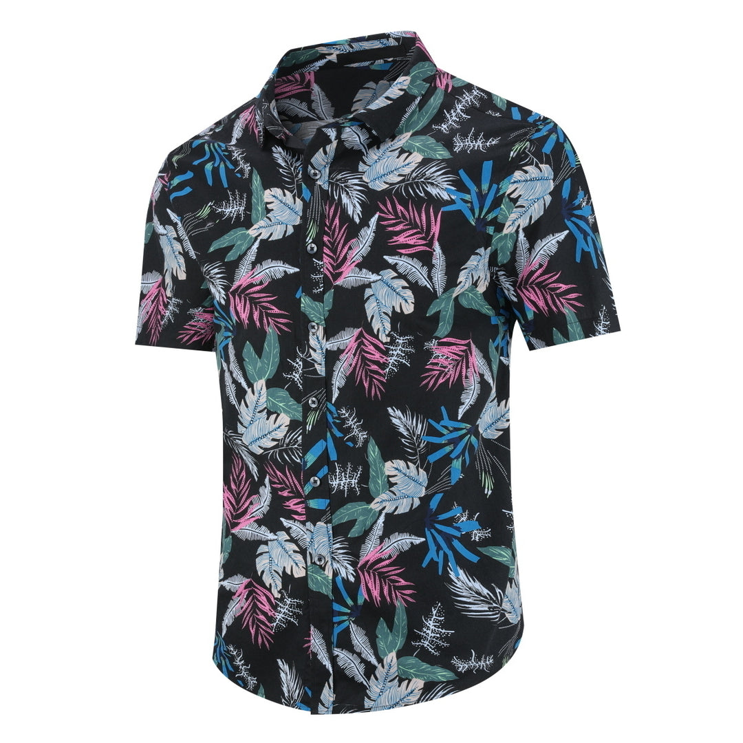 Men Shirt Short Sleeve Hawaiian Shirts Colorful Print Beachwear Casual Black Leaf Shirt Image 2