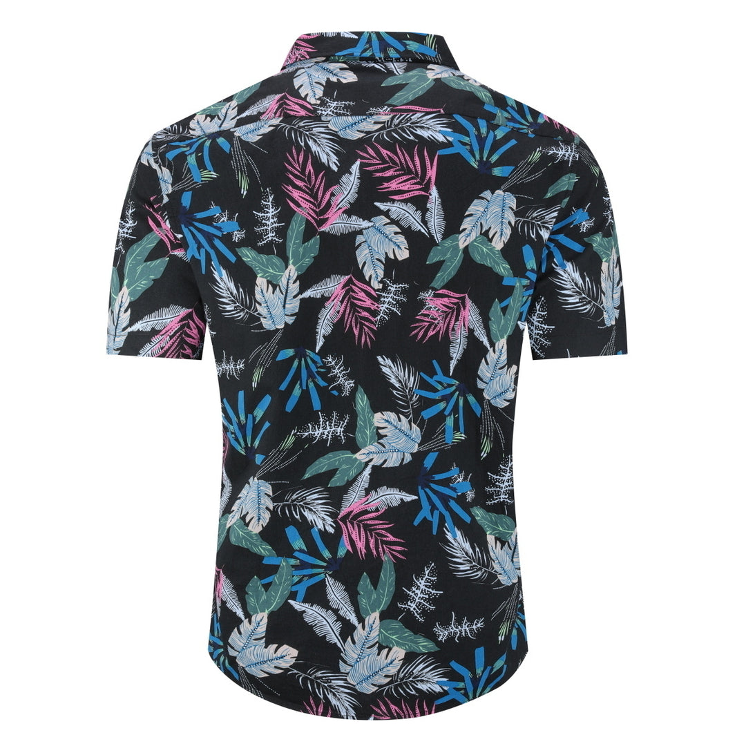 Men Shirt Short Sleeve Hawaiian Shirts Colorful Print Beachwear Casual Black Leaf Shirt Image 3