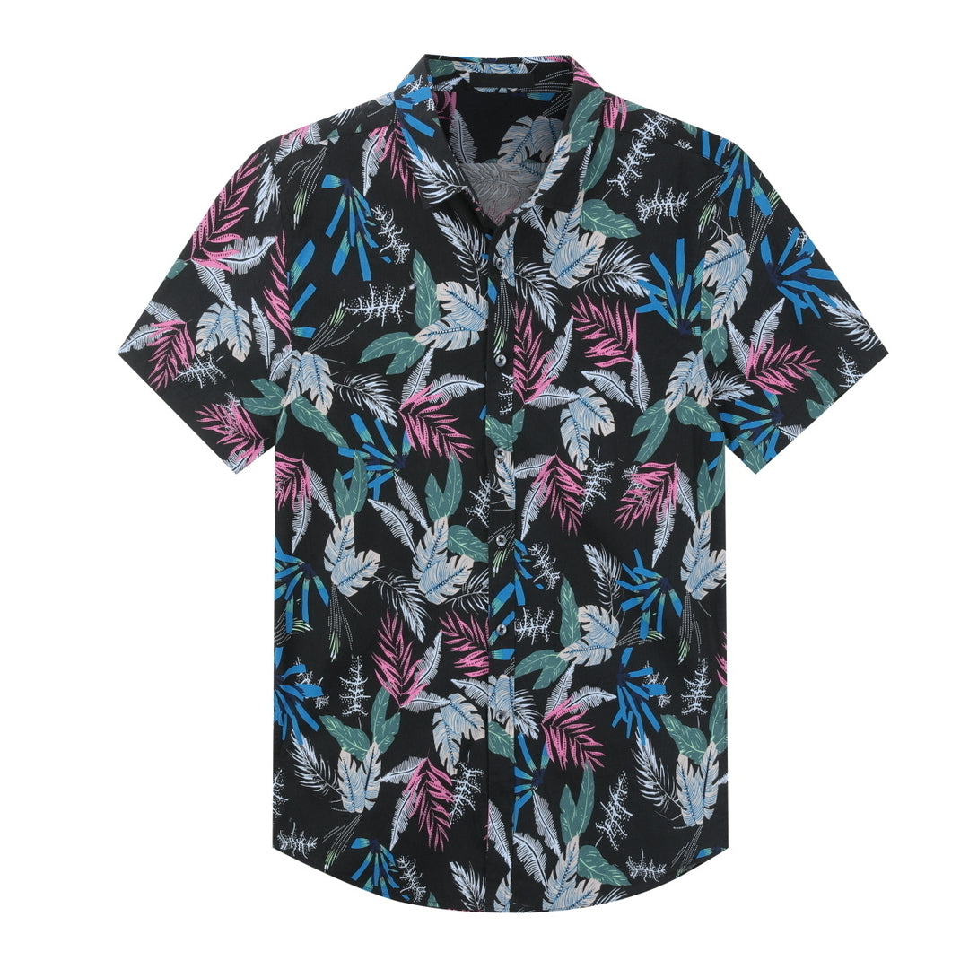 Men Shirt Short Sleeve Hawaiian Shirts Colorful Print Beachwear Casual Black Leaf Shirt Image 4