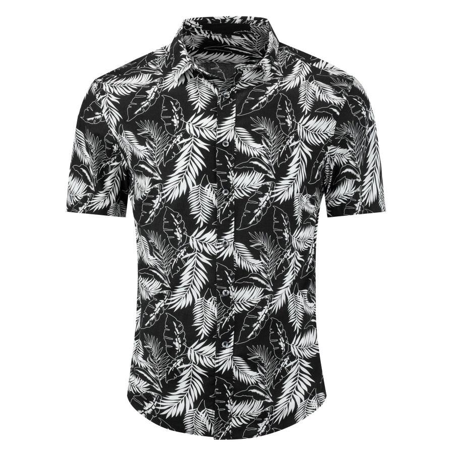 Men Shirt Summer Short Sleeve Shirts Black Print Casual Single Breasted Lapel Shirts Image 1