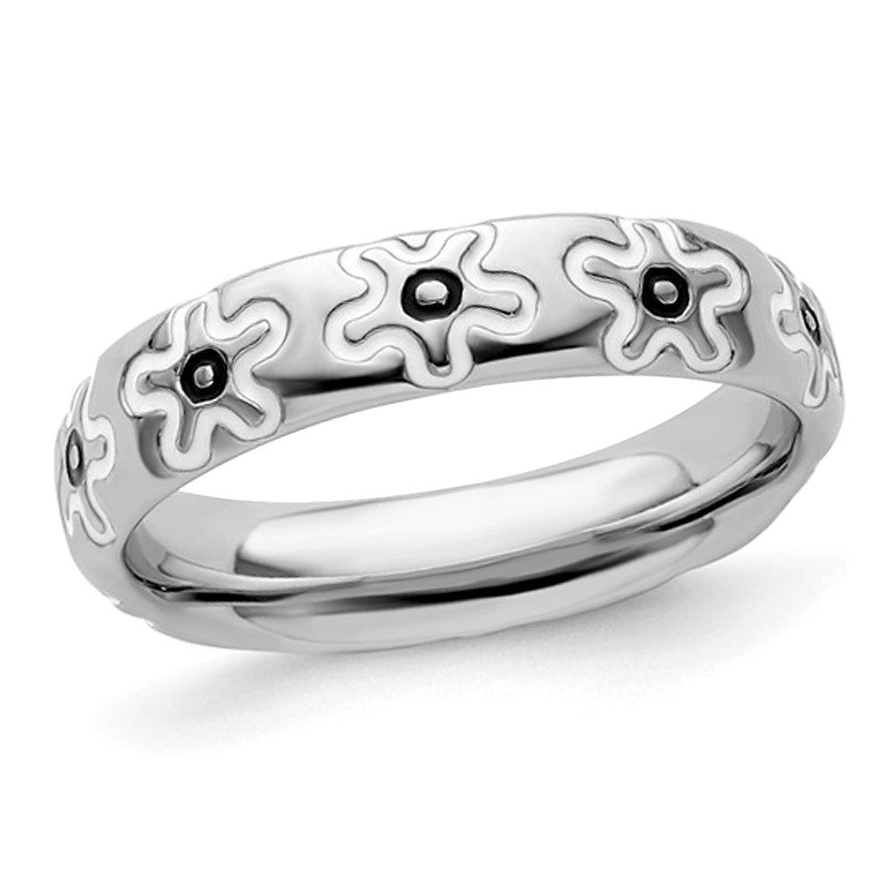 Sterling Silver Flower Ring band with Black Enamel Image 1