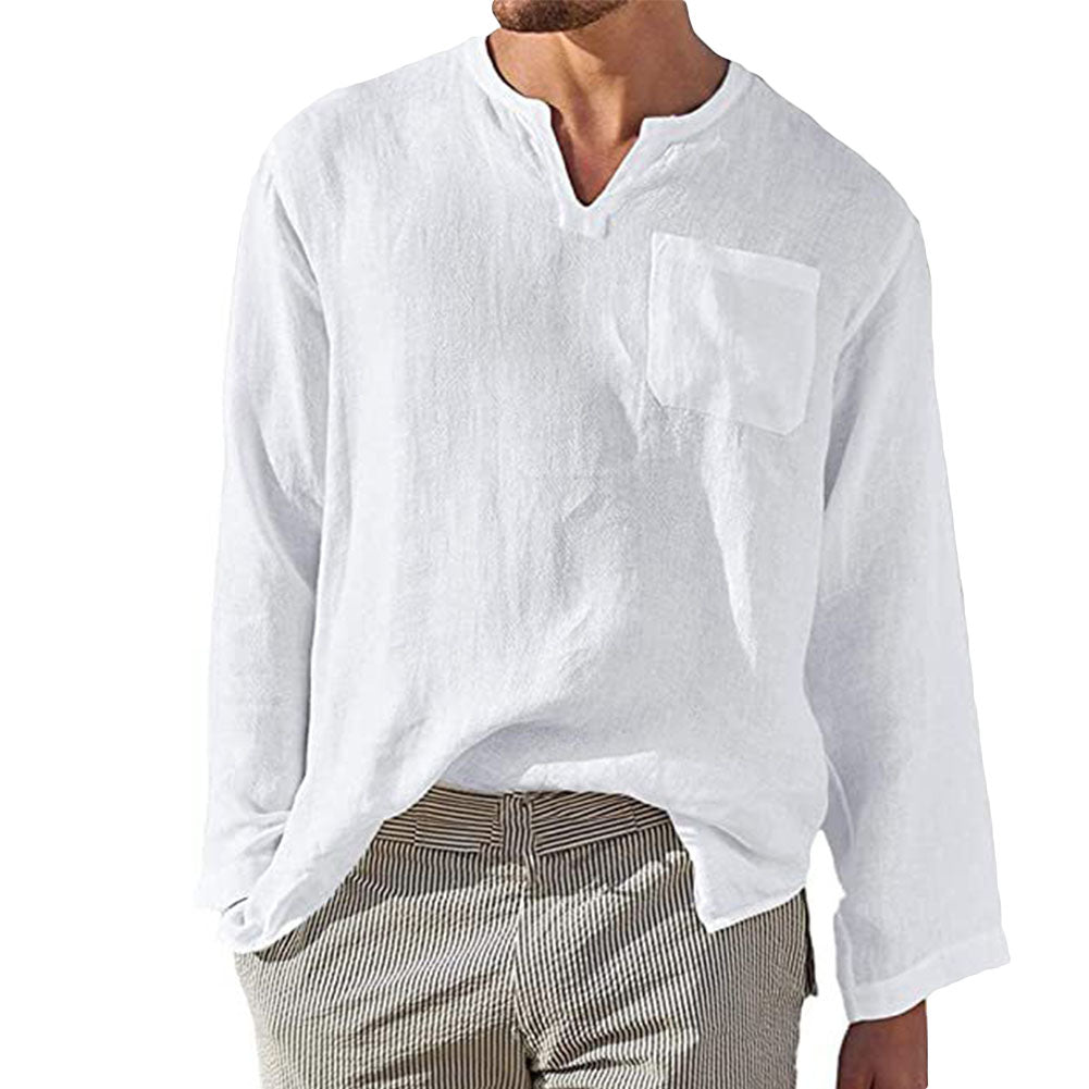 Men Shirt Long Sleeve Summer Casual Solid Color V Neck Loose Comfortable Shirt Image 1