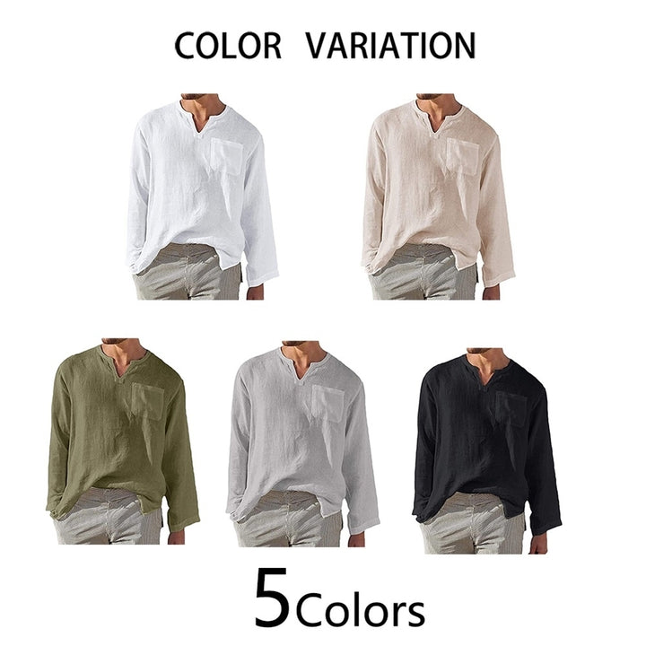 Men Shirt Long Sleeve Summer Casual Solid Color V Neck Loose Comfortable Shirt Image 3