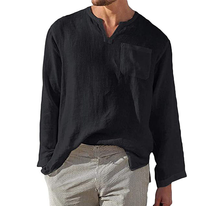 Men Shirt Long Sleeve Summer Casual Solid Color V Neck Loose Comfortable Shirt Image 4