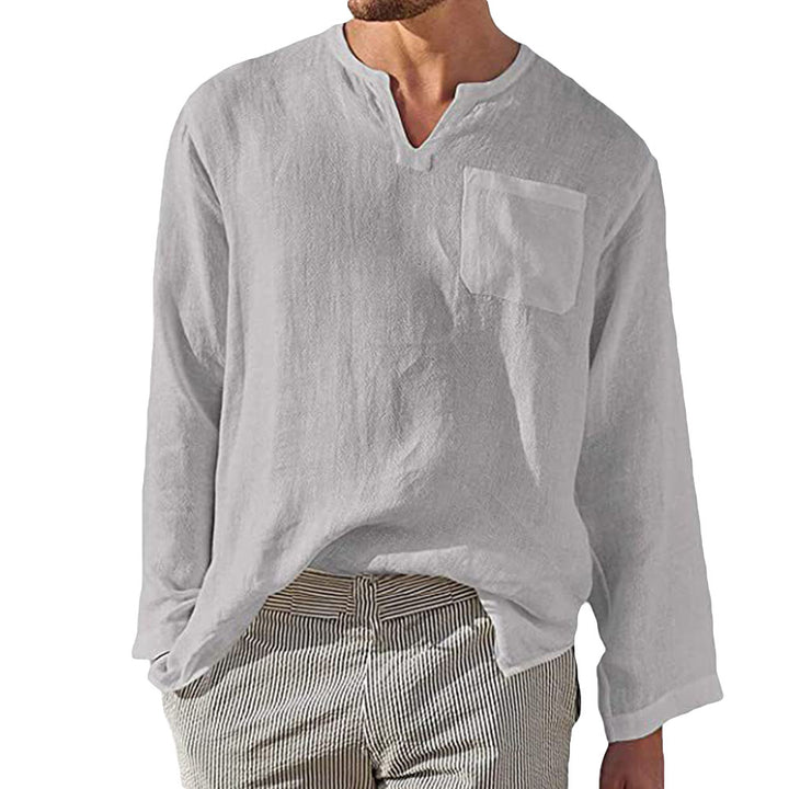 Men Shirt Long Sleeve Summer Casual Solid Color V Neck Loose Comfortable Shirt Image 1