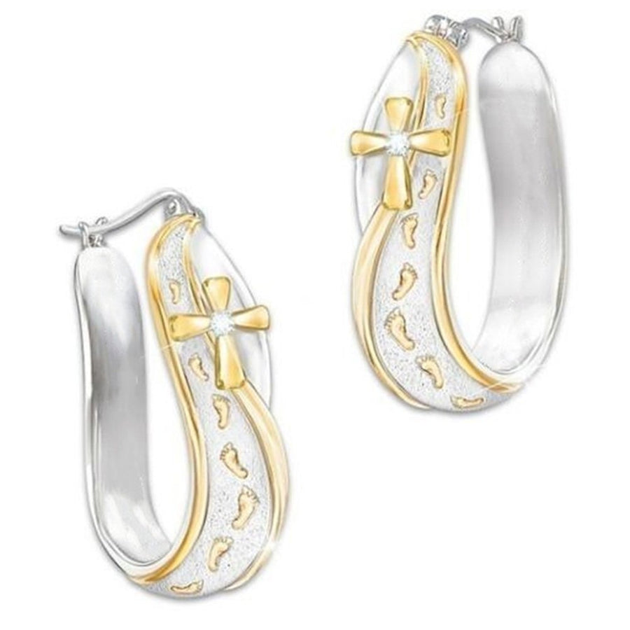 Fashion Dual Color Footprints Cross Sign Rhinestone Women Huggie Hoop Earrings Image 1