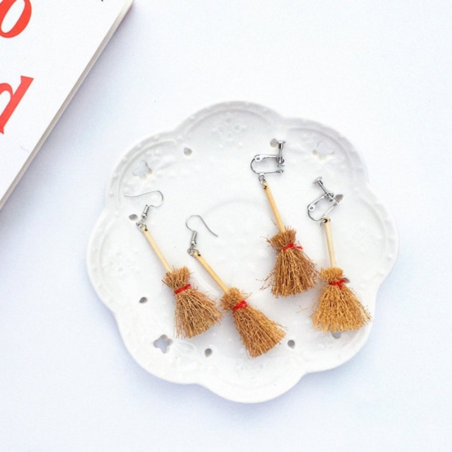 Creative Women Alloy Wooden Broom Ear Clips Hook Earrings Jewelry Accessory Image 1