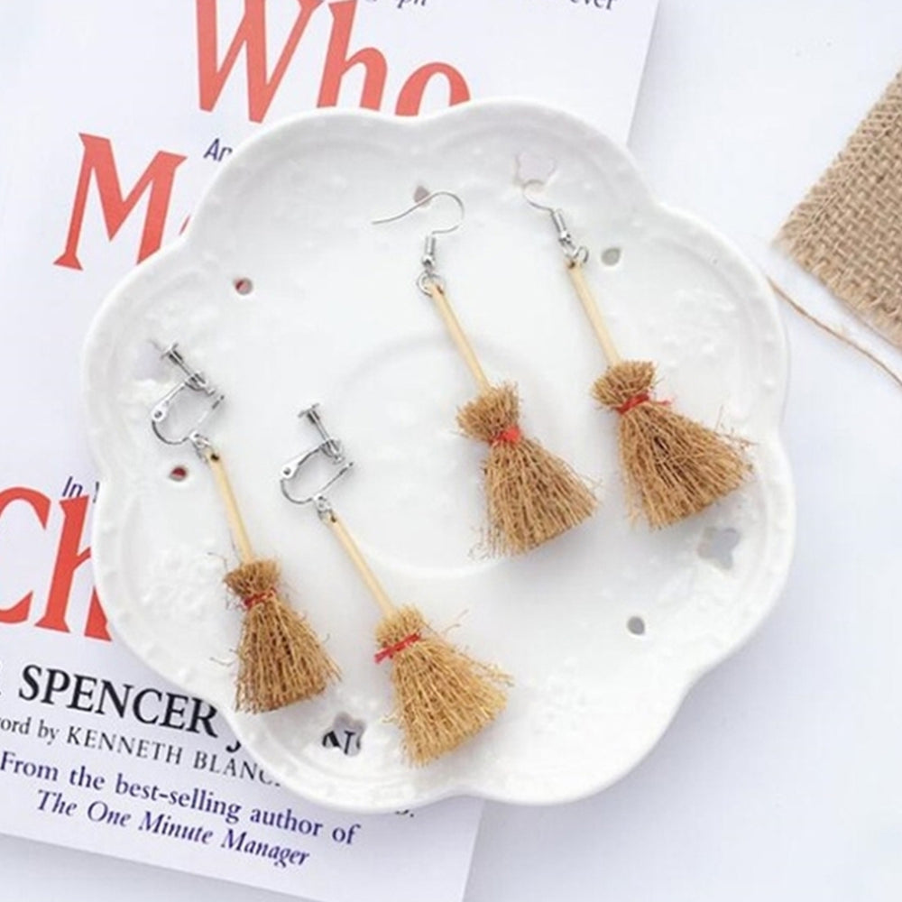 Creative Women Alloy Wooden Broom Ear Clips Hook Earrings Jewelry Accessory Image 2