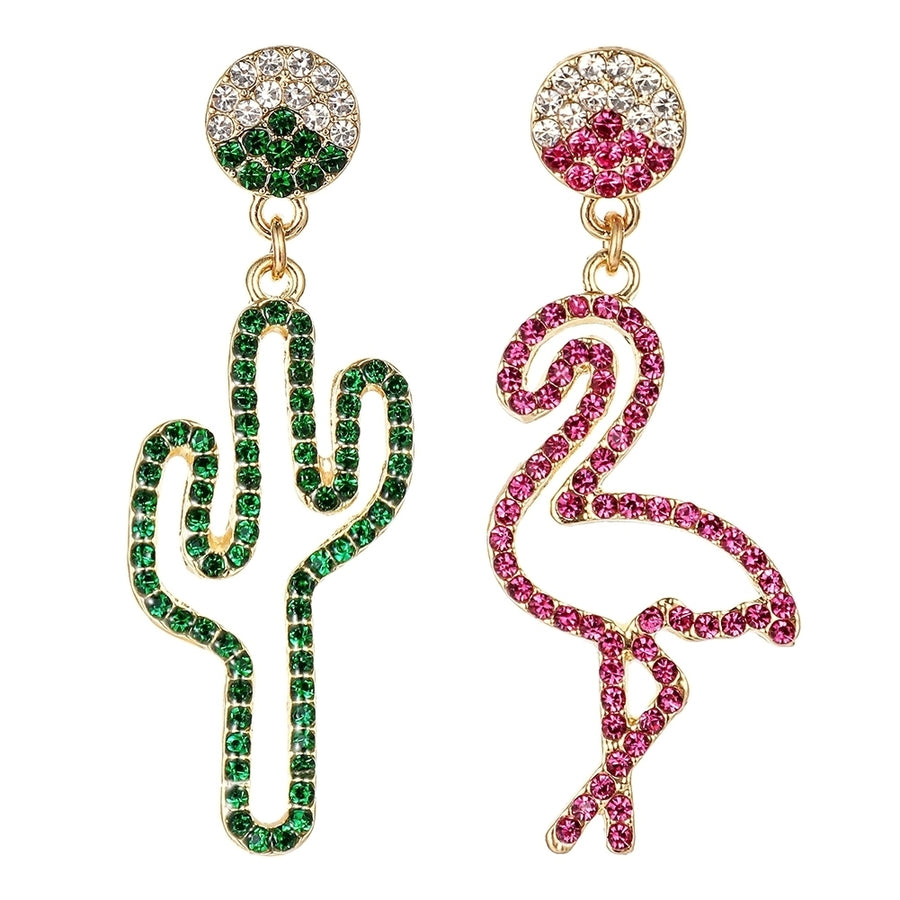 Women Hollow Rhinestone Cactus Flamingo Dangle Asymmetric Stud Earrings Jewelry Image 1