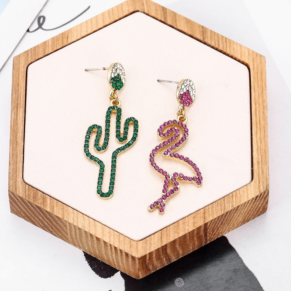 Women Hollow Rhinestone Cactus Flamingo Dangle Asymmetric Stud Earrings Jewelry Image 2