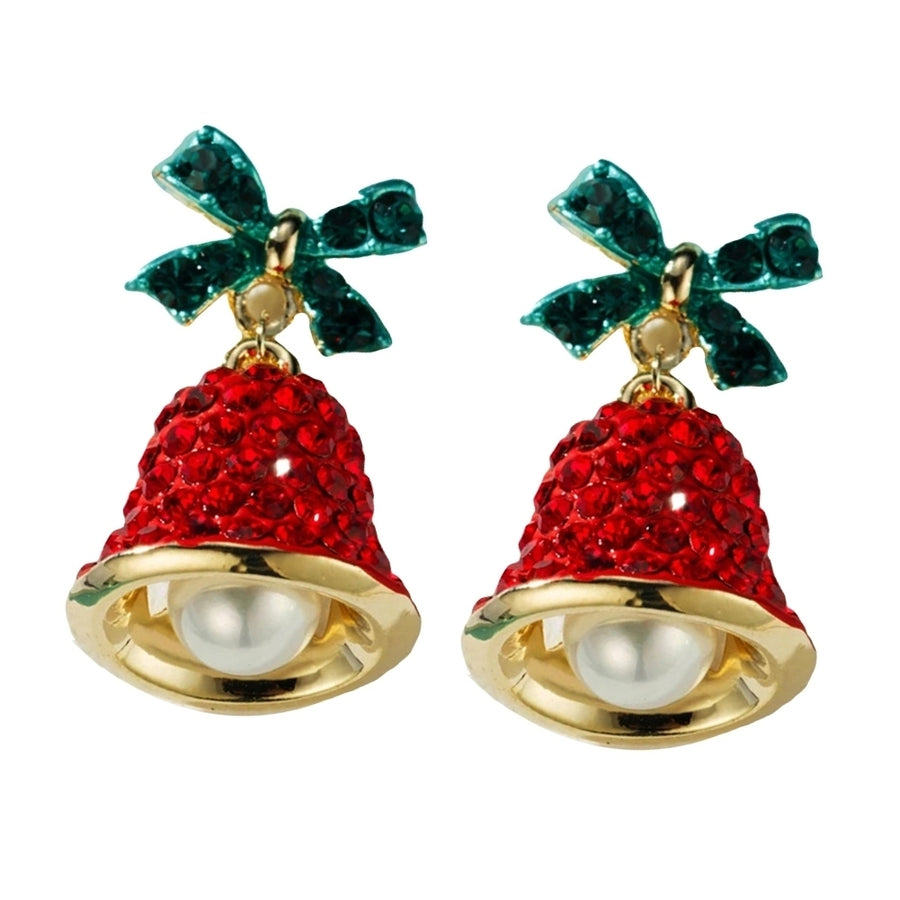 Women Rhinestone Wind Chime Bell Bow Faux Pearl Stud Earrings Xmas Jewelry Gift Image 1