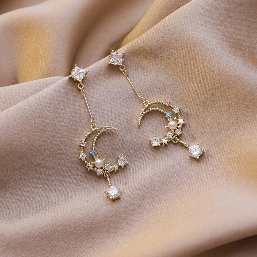 1 Pair Women Dangle Earrings Moon Tassel Rhinestone Colorful All Match Stud Earrings for Wedding Image 1