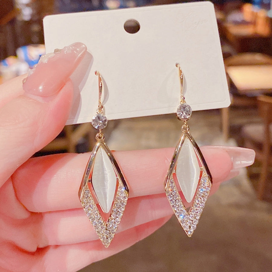 1 Pair Rhinestone Shiny Drop Earrings Alloy Faux Opal Rhombus Pendant Hook Earrings Party Jewelry Image 1