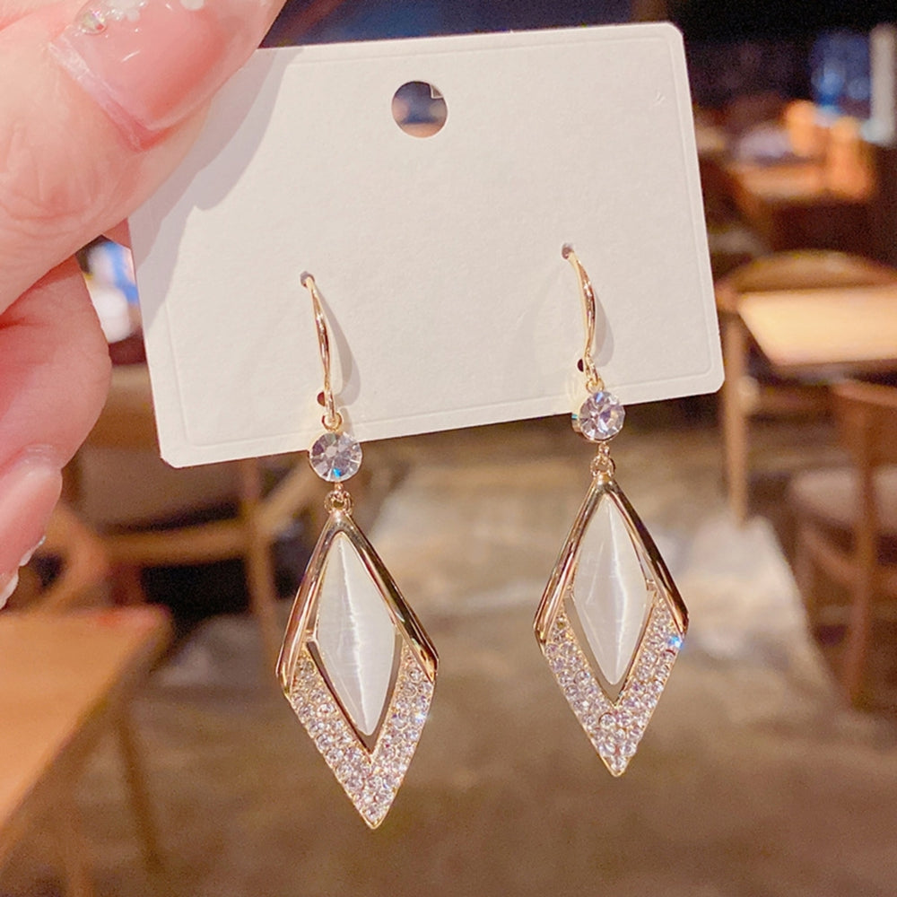 1 Pair Rhinestone Shiny Drop Earrings Alloy Faux Opal Rhombus Pendant Hook Earrings Party Jewelry Image 2