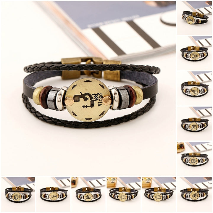 Couple Bracelet Exquisite Pattern Wear Resistant Faux Leather Constellation Bracelet with Multilayer Braided Rope for Image 1