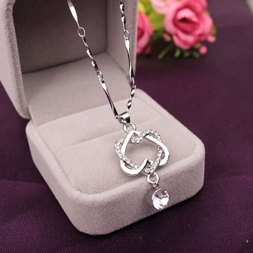 Women Fashion Silver Color Rhinestone Double Heart Pendant Chain Necklace Jewelry Image 1