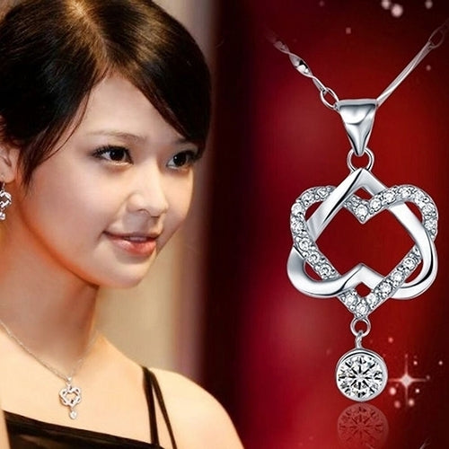 Women Fashion Silver Color Rhinestone Double Heart Pendant Chain Necklace Jewelry Image 2