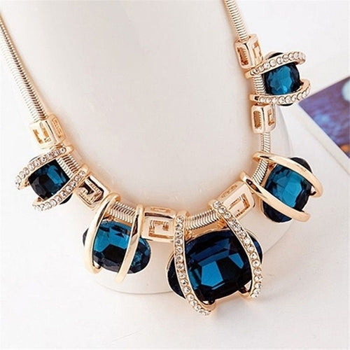 Women Fashion Shiny Pendant Chain Choker Short Statement Bib Blue Necklace Image 1